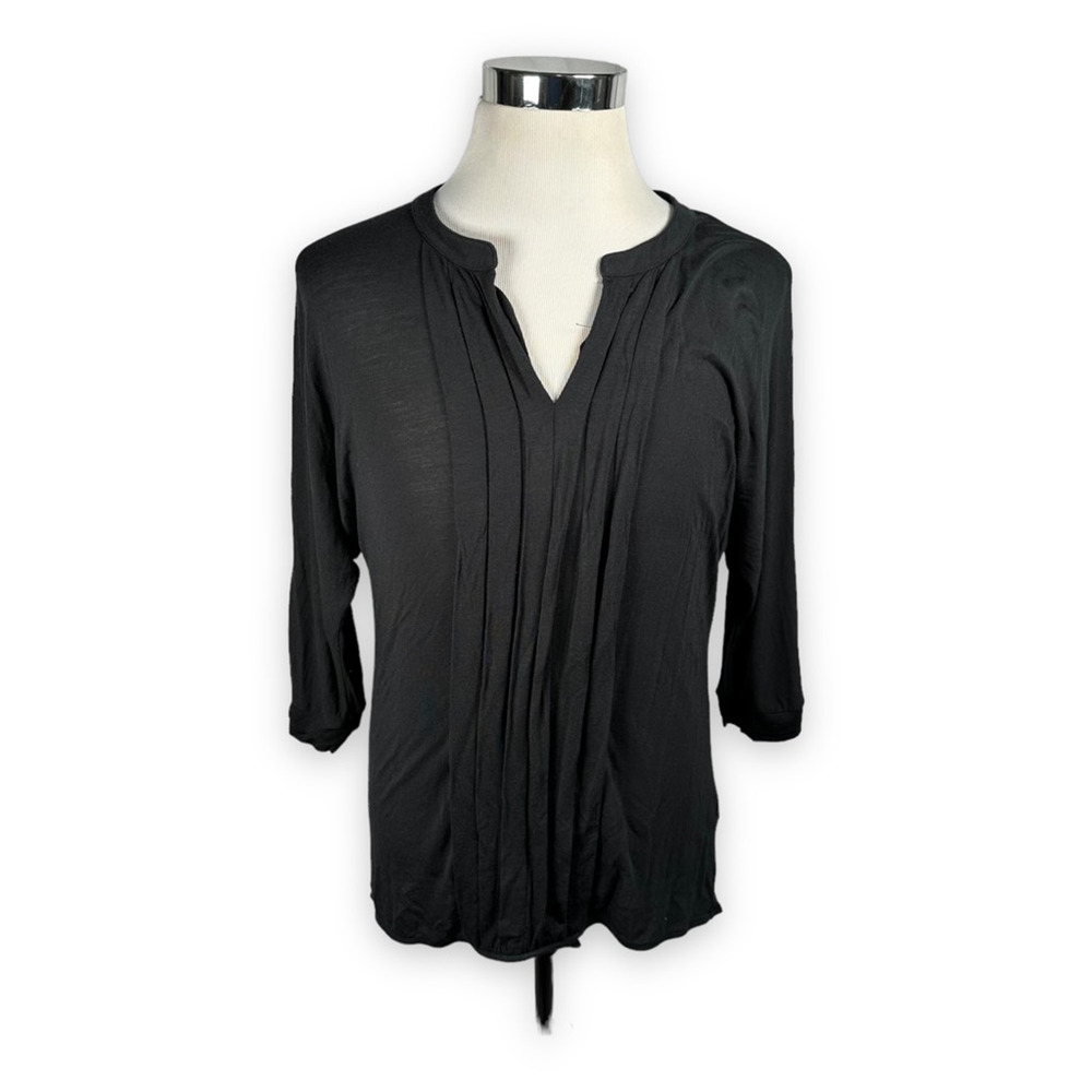 Vivienne Vivienne Tam Top Womens Small Blouse Black Pleated V Neck 3/4 Sleeve